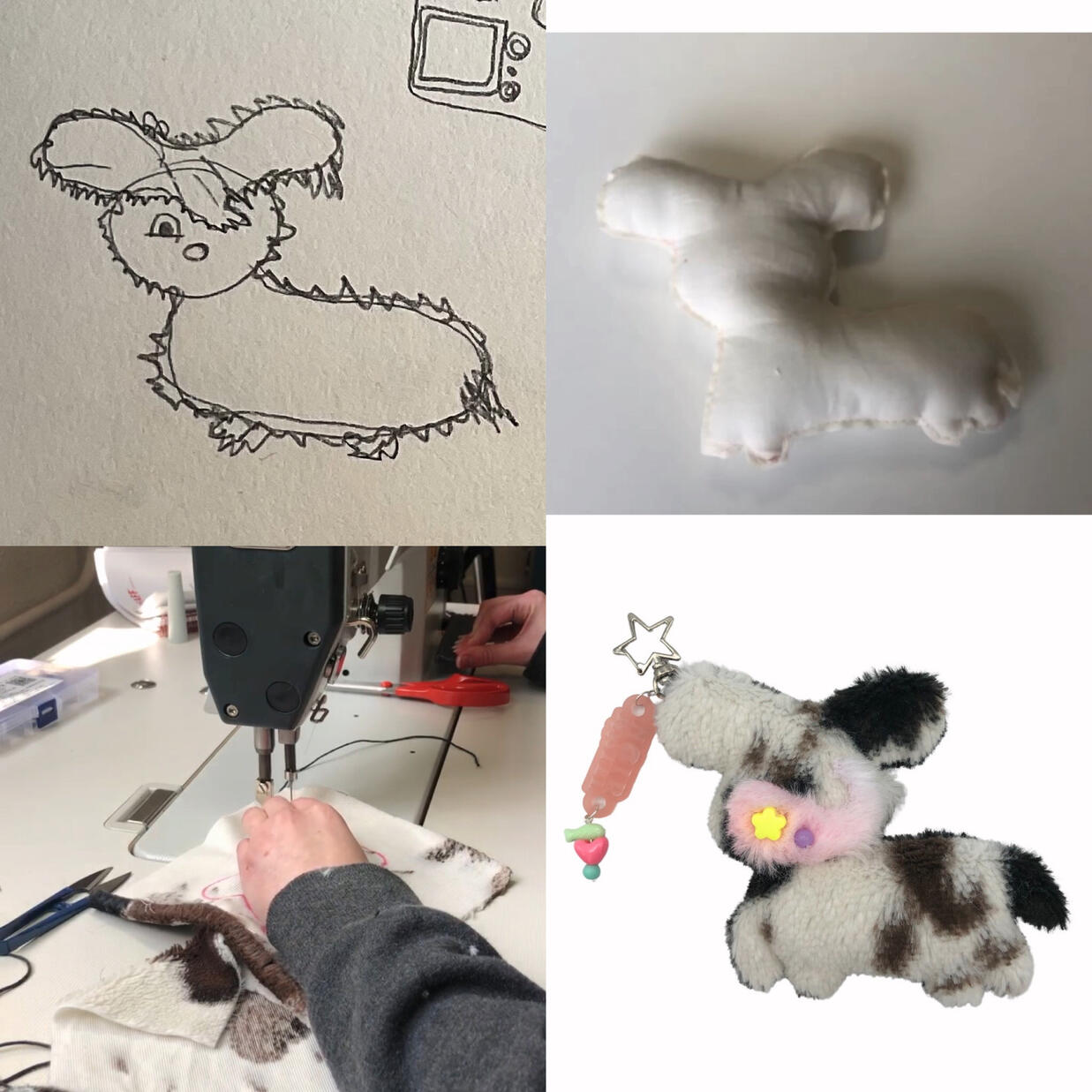 Processus pour création original de ma mascotte Tchu. Design original, réalisées en surcyclage.